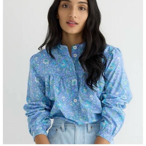 J. Crew Long Sleeve Fresco Poplin Top Womens Small Blue Floral Cotton Feminine - Picture 1 of 11